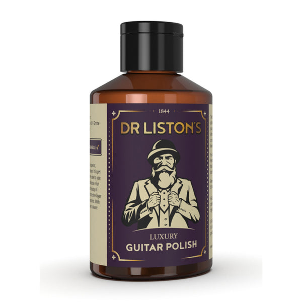 Dr Liston’s Luxury Guitar Polish bottle for restoring and shining acoustic and electric guitars.