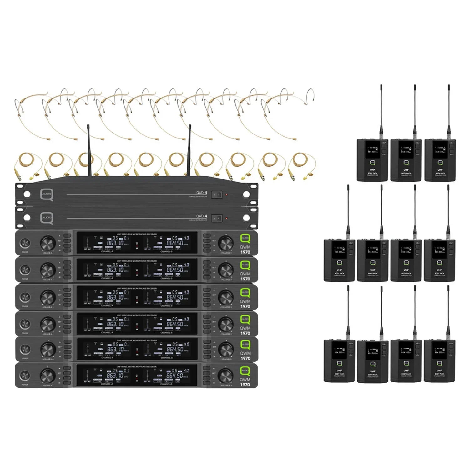 Q-Audio QWM 1970 12-Way Headworn & Lapel Wireless Microphone System | ADU Beltpack