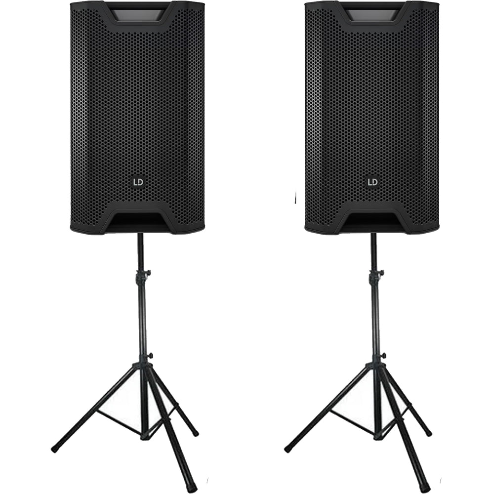 2 x LD Systems ICOA 12 A 12" Powered Coaxial PA Loudspeaker With Speaker Stands