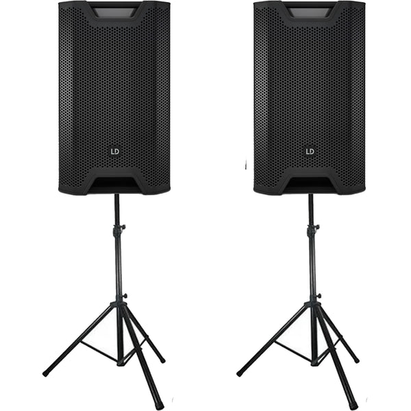2 x LD Systems ICOA 12 A 12" Powered Coaxial PA Loudspeaker With Speaker Stands