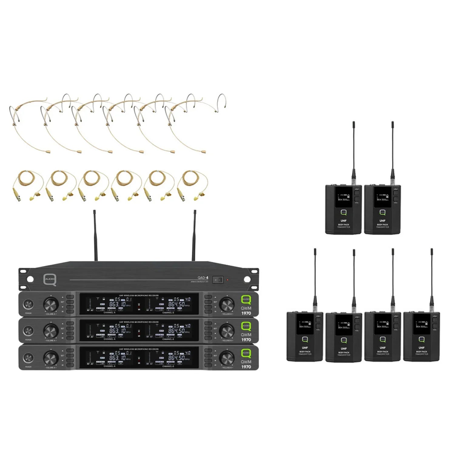 Q-Audio QWM 1970 6 Way Headworn/Lapel System with ADU Wireless Beltpack System