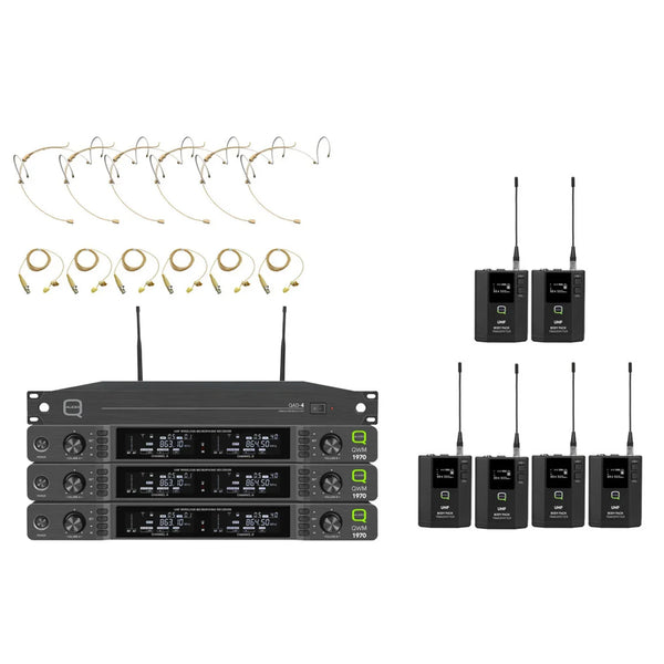 Q - Audio QWM 1970 6 Way Headworn/Lapel System with ADU Wireless Beltpack System