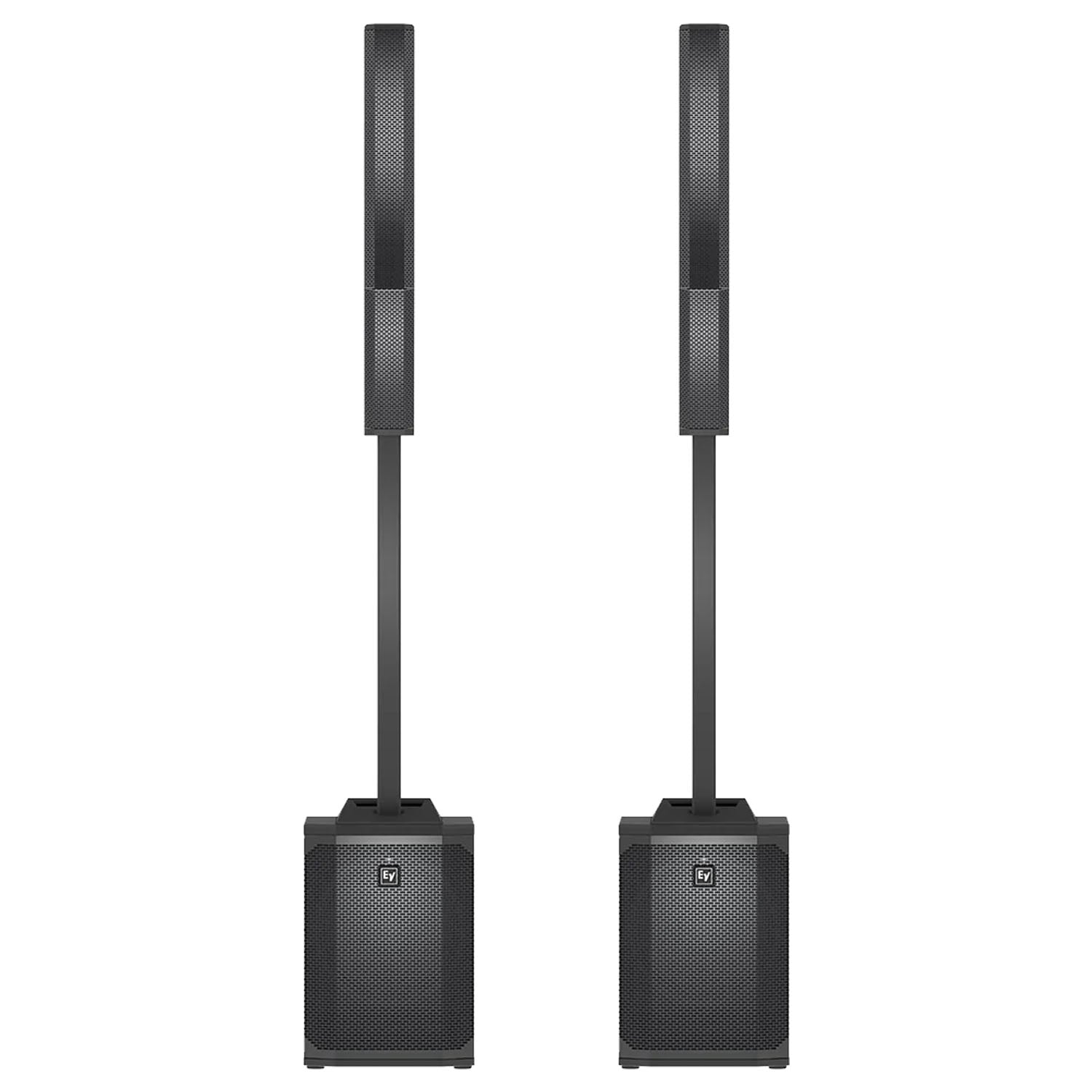 Front view of two Electro-Voice Evolve 50M black column PA systems side by side