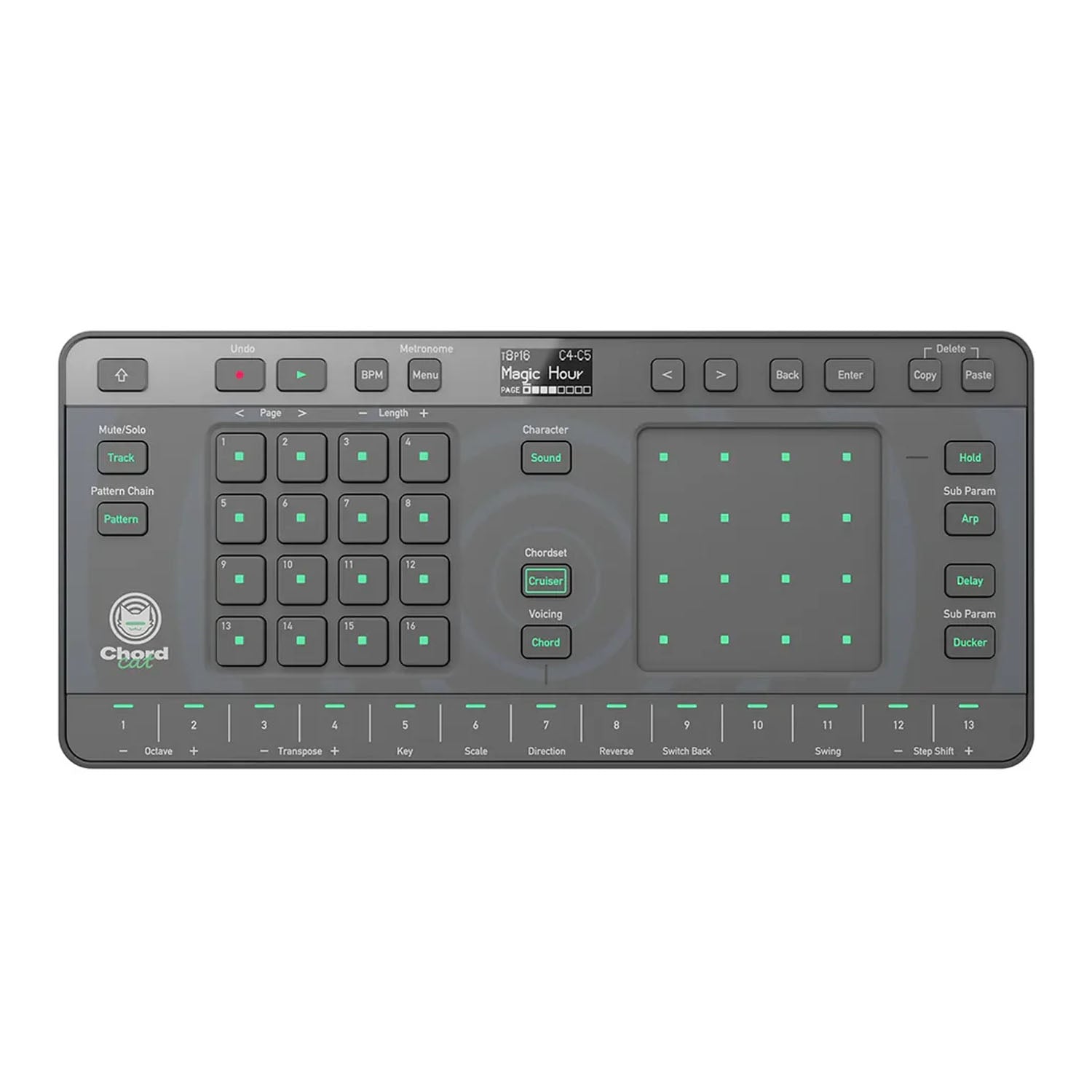 AlphaTheta Chordcat groovebox with pads and controls for mobile music production
