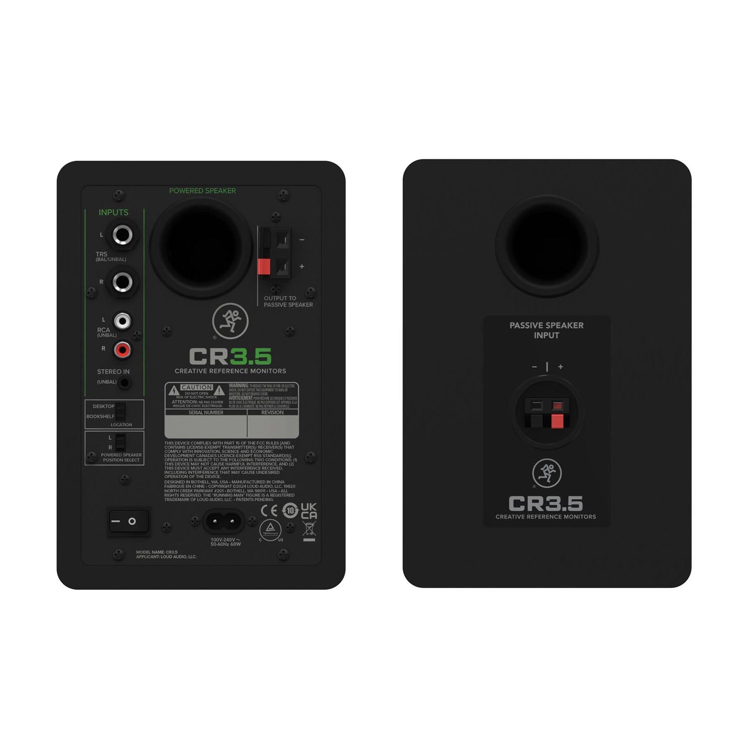 Mackie CR3.5 powered studio monitors rear panel with inputs and controls