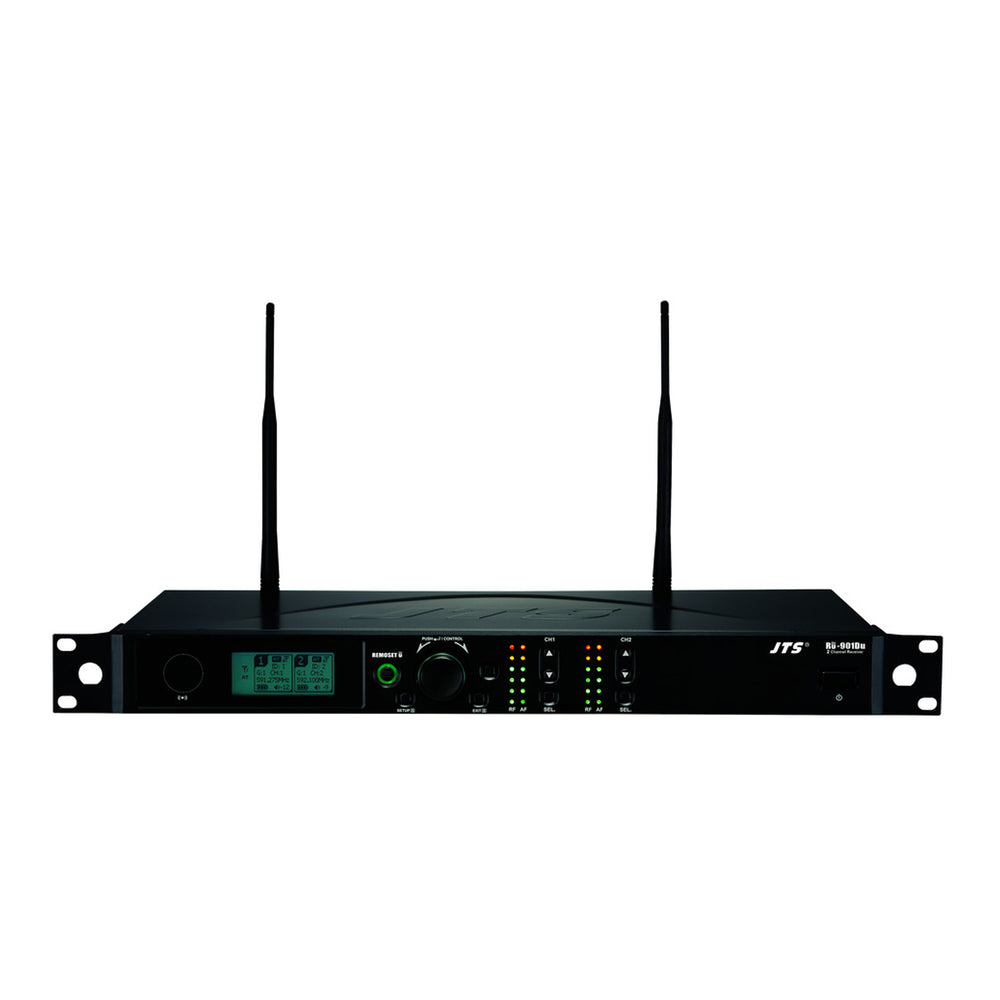 JTS RU-901G3Du UHF PLL Dual Channel True Diversity Receiver in 823–865 MHz with front panel display and dual antenna system