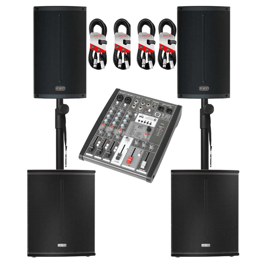 2 x FBT X-Lite 110A, X-SUB 112sa Speaker, Q-Audio Q-Mix 4 FX Mixer Bundle