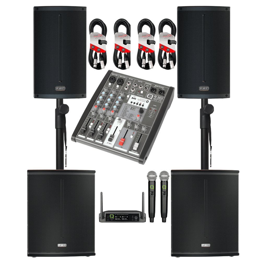 2 x FBT X-Lite 110A, X-SUB 112sa Speaker, Q-Audio QWM11 Mics & Q-Mix 4 FX Bundle