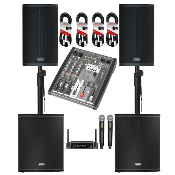 FBT X-Lite 110A and X-SUB 112SA PA bundle with Q-Audio QWM11 wireless microphones and Q-MIX 4 FX mixer
