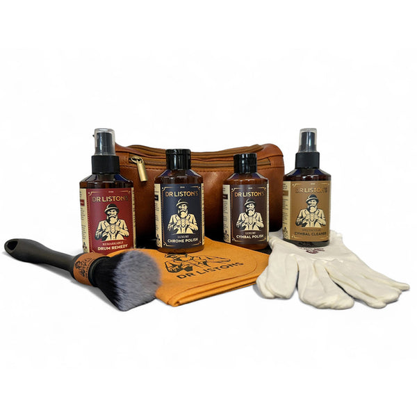 Dr Liston’s Ultimate Drum Cleaning Kit with drum polish, cleaner spray and soft cleaning cloths.
