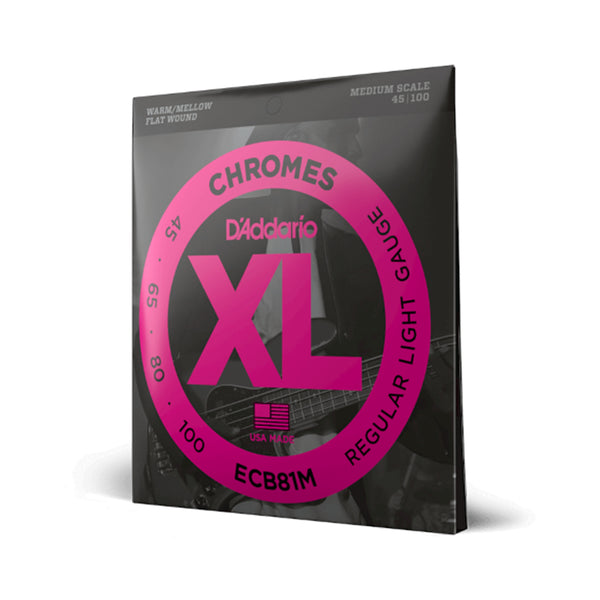 D'Addario ECB81M Chromes Flatwound, Medium Scale 45-100 Bass Guitar Strings