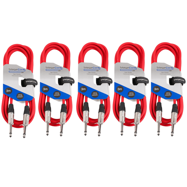5 x Stagecore 3m Red Jack to Jack Lead