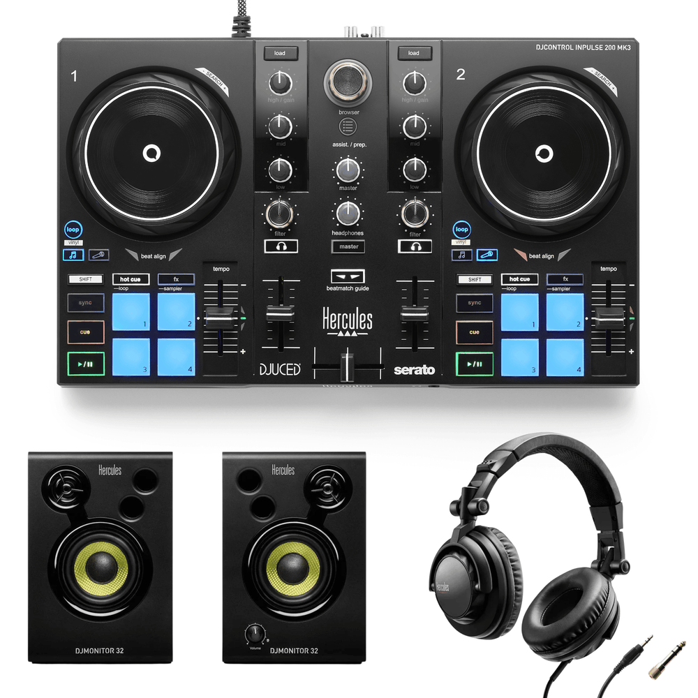 Hercules DJControl Inpulse 200 MkIII with HDP DJ45 headphones and Monitor 32 speakers bundle