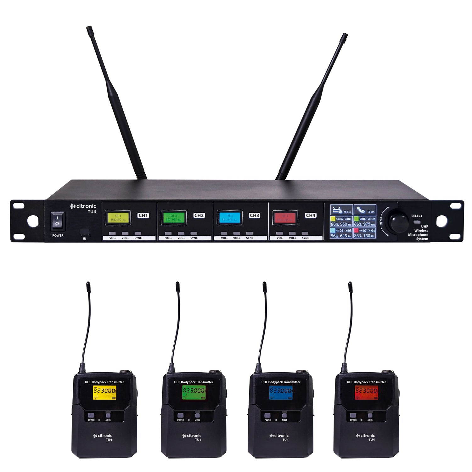 Citronic TU4 Quad PLL Wireless Microphone Set 4 x Bodypack Transmitters