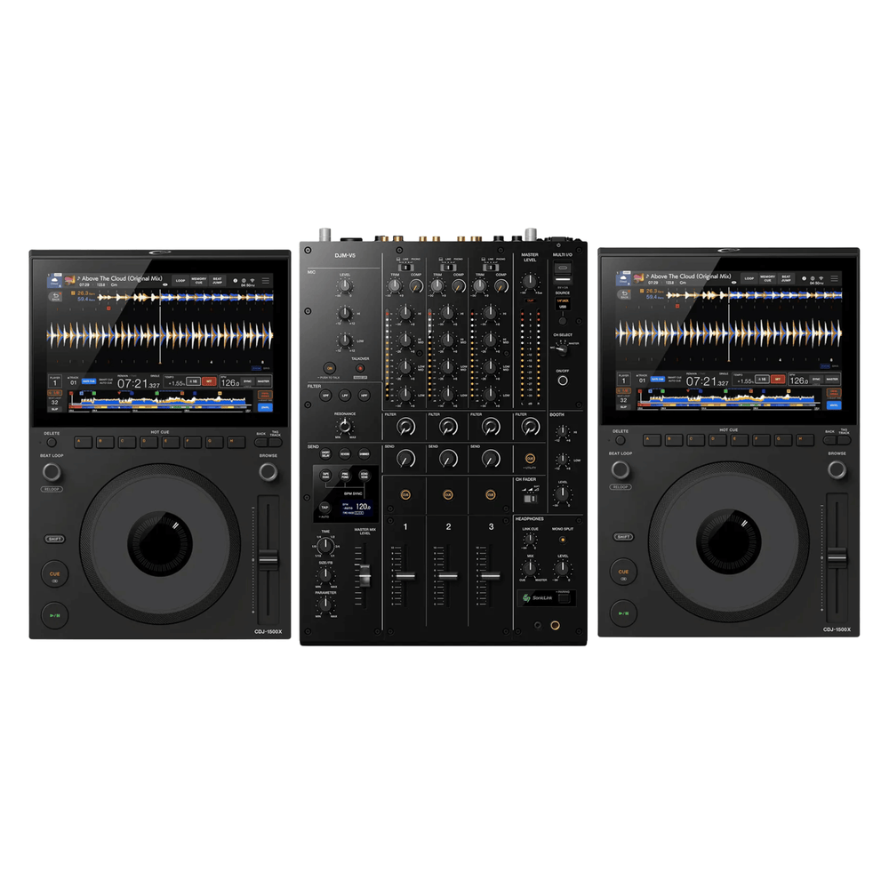 2 x AlphaTheta CDJ-1500X DJ Multi Player & AlphaTheta DJM-V5 3 Channel Mixer