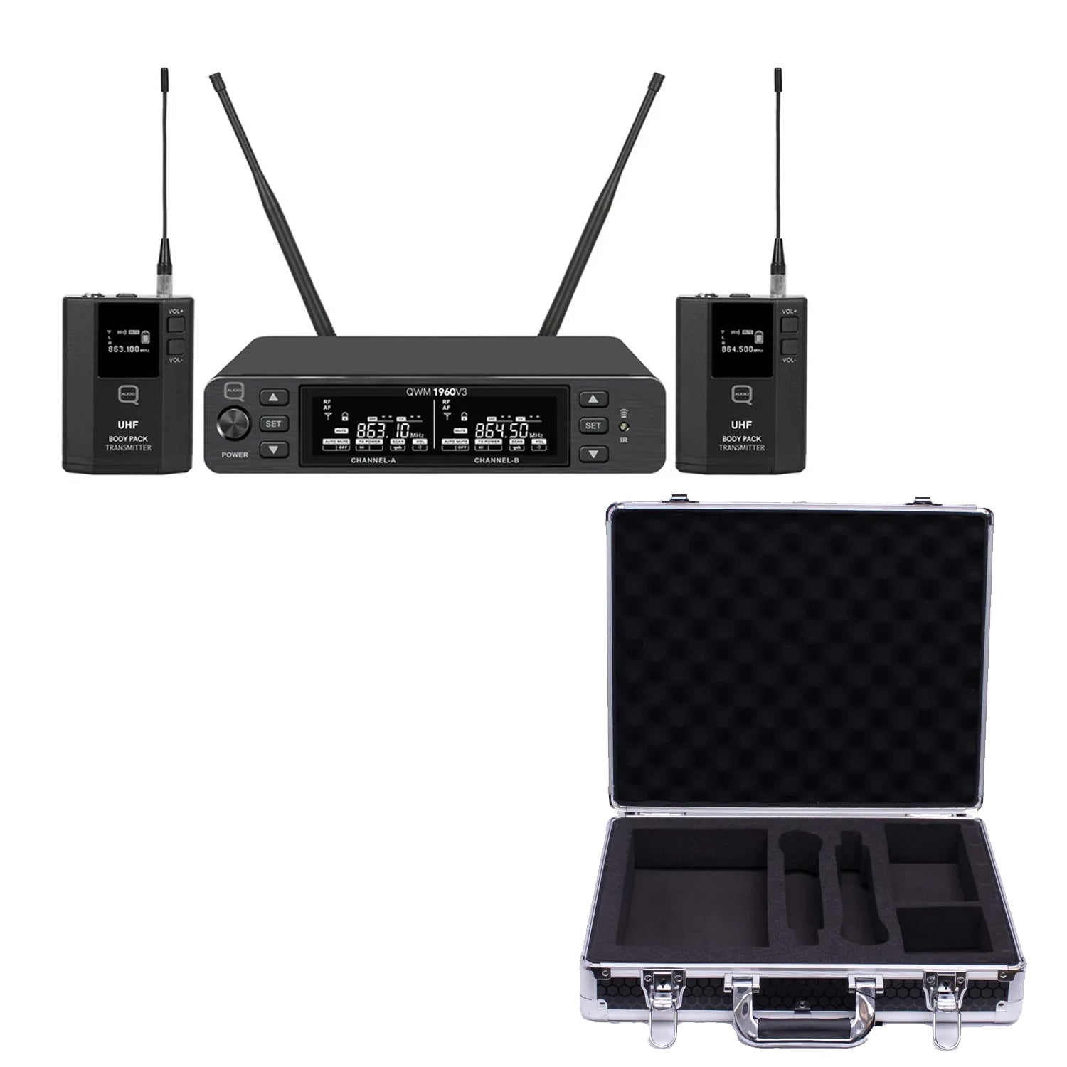 Q-Audio QWM1960 V3 BP UHF Dual Wireless Microphone System and Flight C