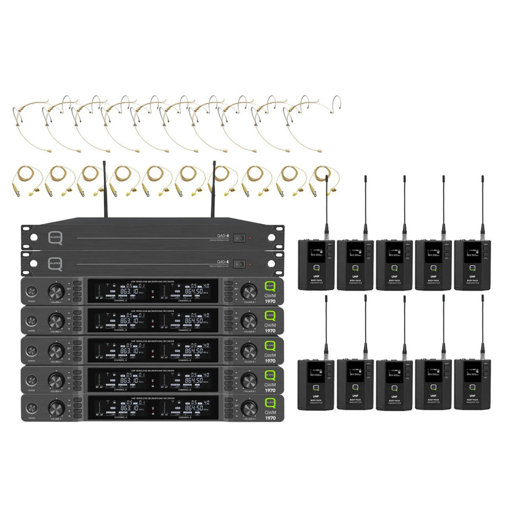 Q-Audio QWM 1970 10-way headworn and lapel wireless microphone system with ADU beltpack