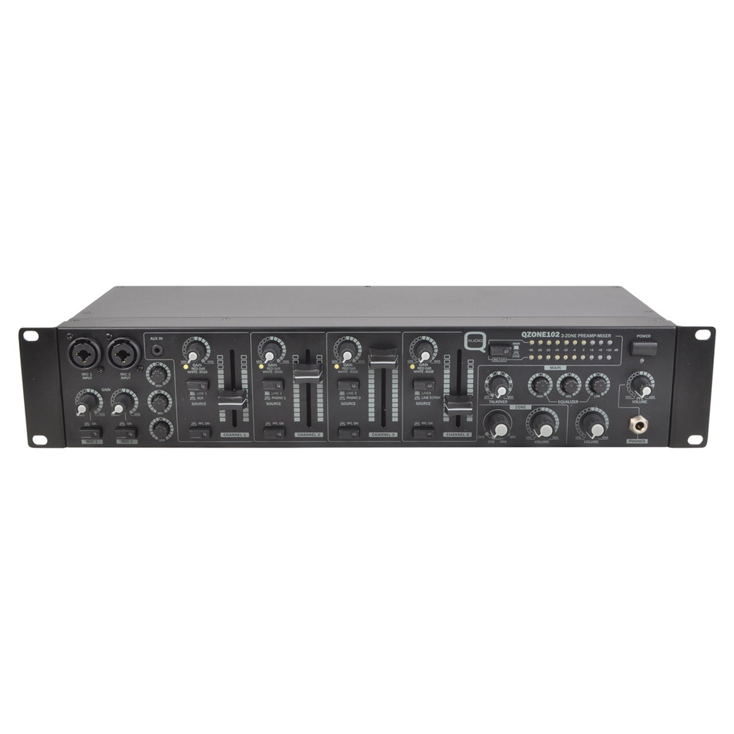 Q-Audio QZONE102 Zoner Mixer 4 Dual Stereo Channels with Mic and Talk Over