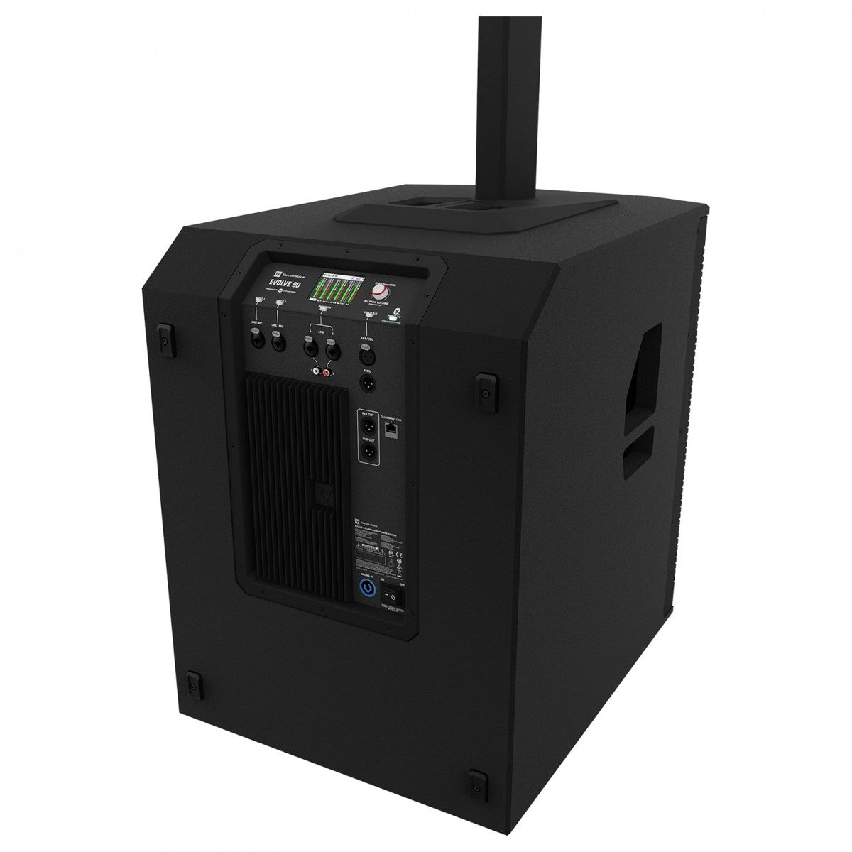 Electro-Voice Evolve 90 column PA system fully set up with subwoofer and professional audio equipment