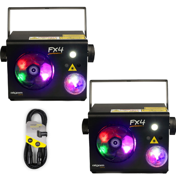 2 x Algam Lighting FX-4 4-in-1 LED Gobos, Magic Ball, RG Laser and Strobe Combo With DMX Cable