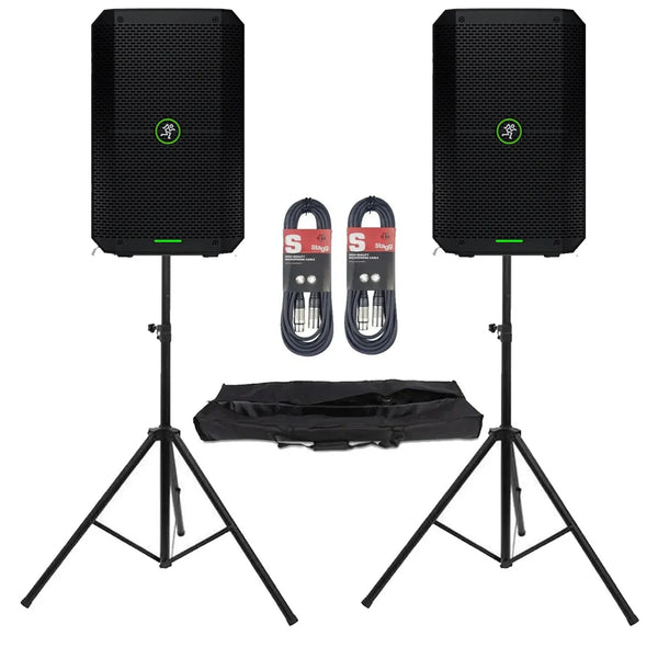 2 X Mackie Thump GO Portable Battery Powered Speakers With Stands and Cables
