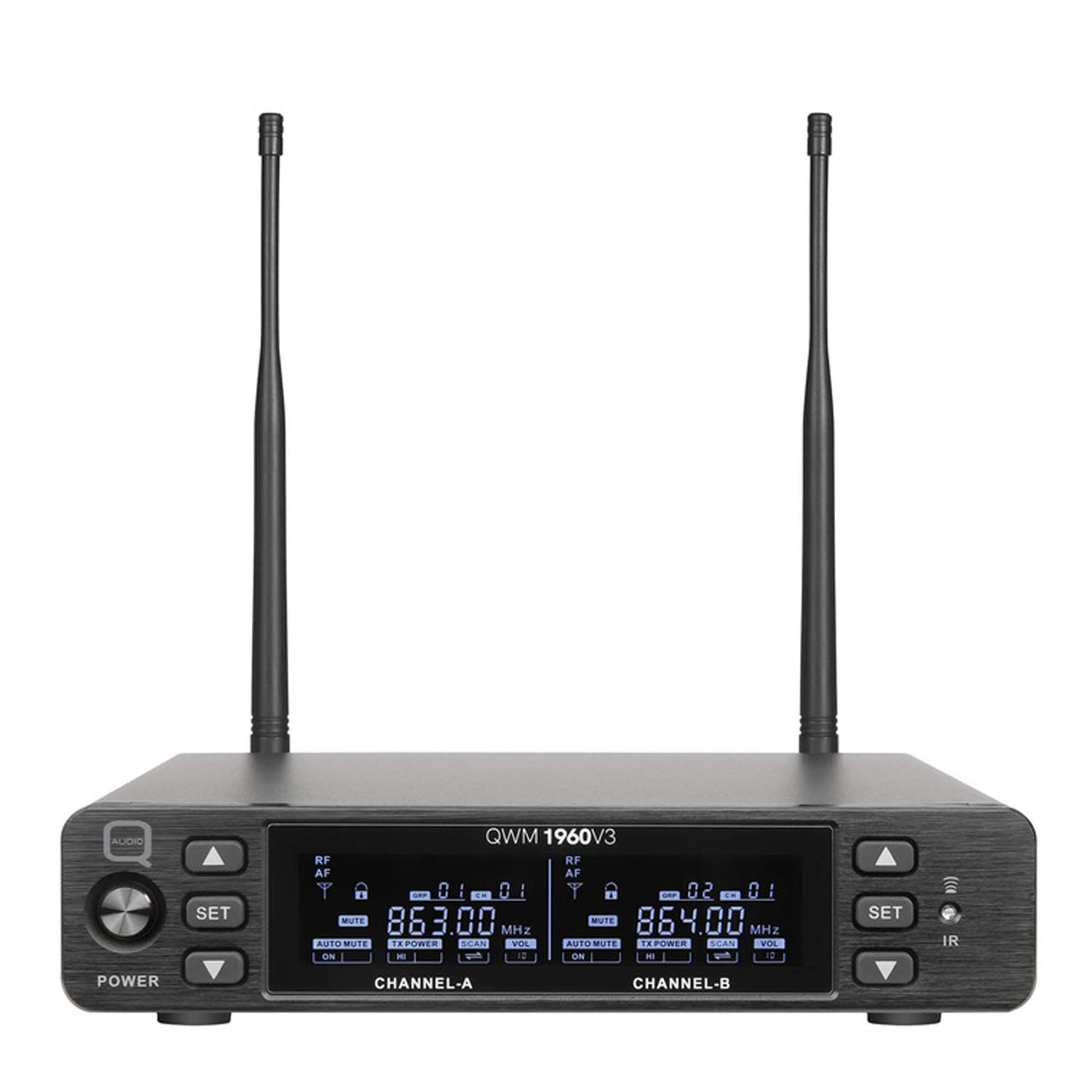 Q-Audio QWM1960 V3 HH UHF Dual Channel True Diversity Wireless Microphone System 863–865MHz