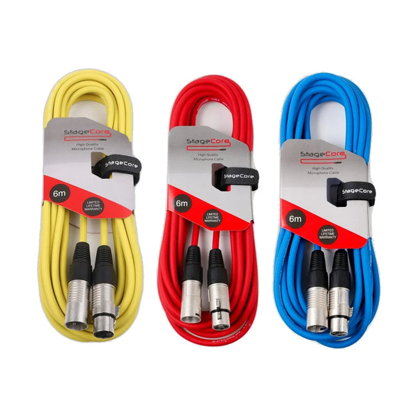 3 x Stagecore 3m Red, Blue, Yellow XLR Microphone Cables