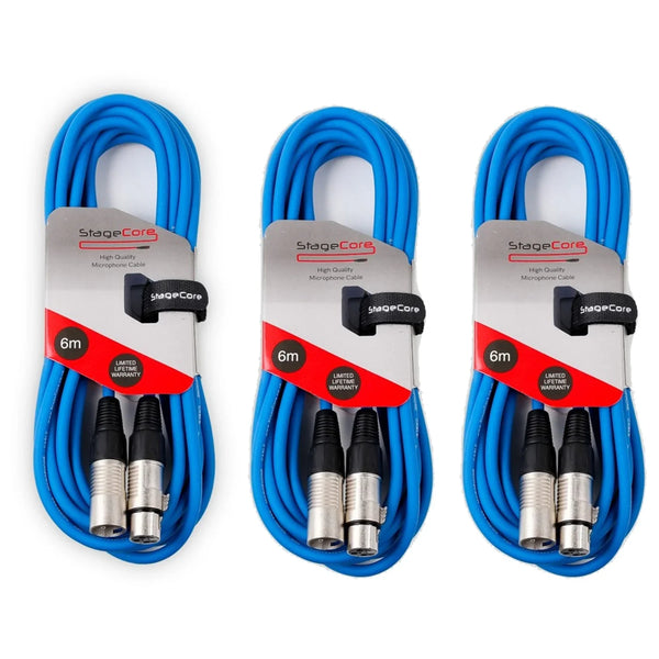 3 x Stagecore 6m Blue XLR Microphone Cable