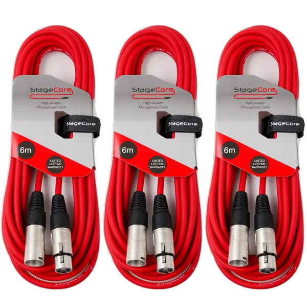 3 x Stagecore 6m Red XLR Microphone Cable