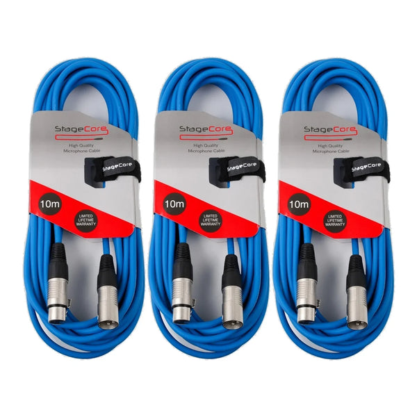 3 x Stagecore 10m Blue XLR Microphone Cable