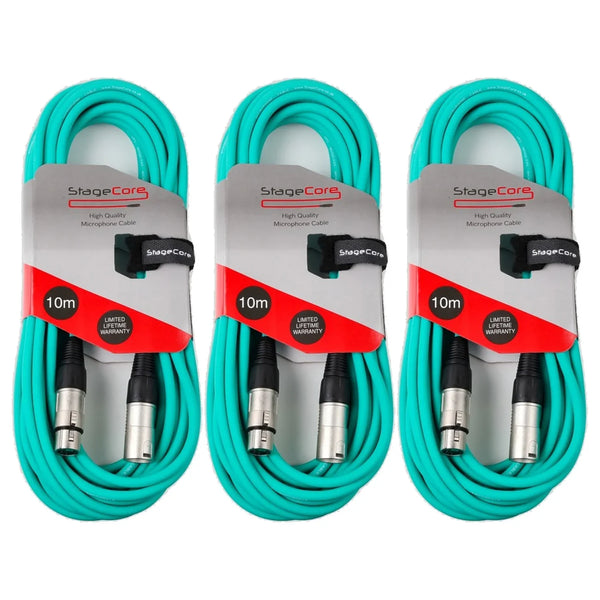 3 x Stagecore 10m Green XLR Microphone Cable