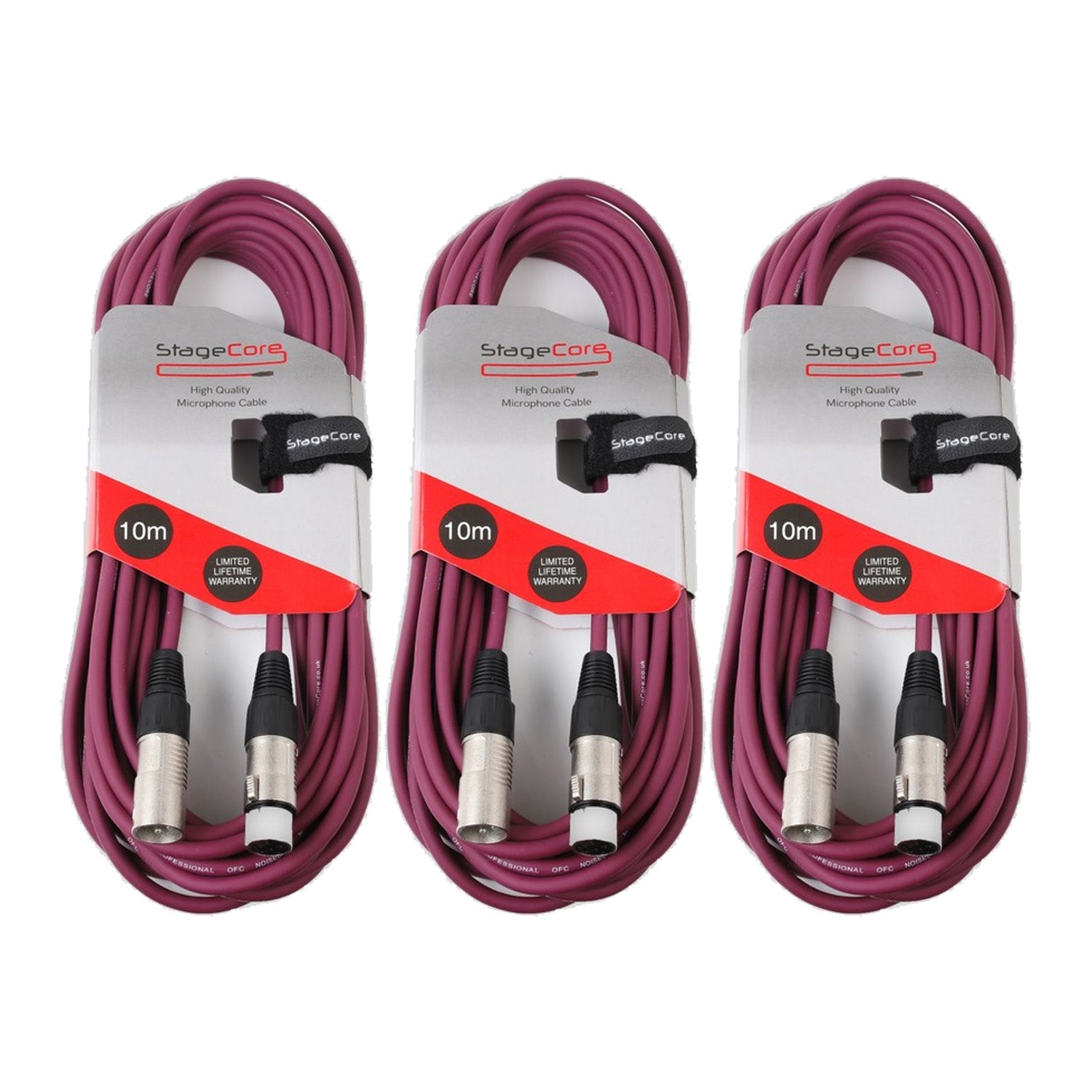 3 x Stagecore CORE 350 10m Purple XLR Microphone Cable