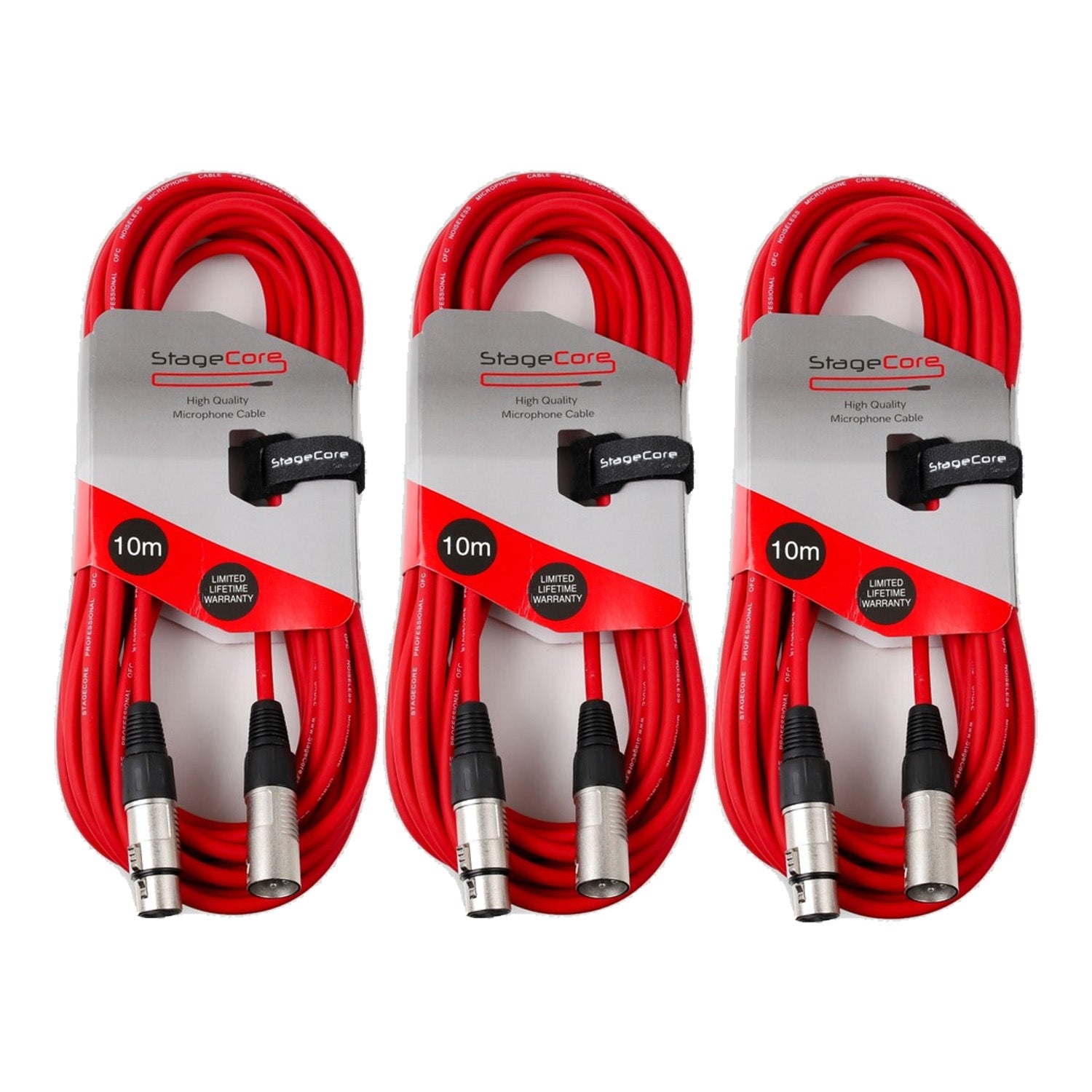 3 x Stagecore CORE 350 10m Red XLR Microphone Cable