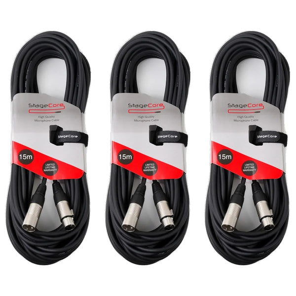 3 x Stagecore 15m Black XLR Microphone Cable