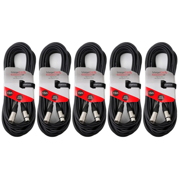 5 x Stagecore 15m Black XLR Microphone Cables