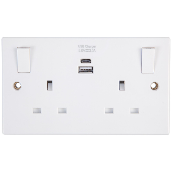 Pro Elec Switched Mains Socket with USB Charging, 2 Gang, 1x USB A, 1x USB C, 13A