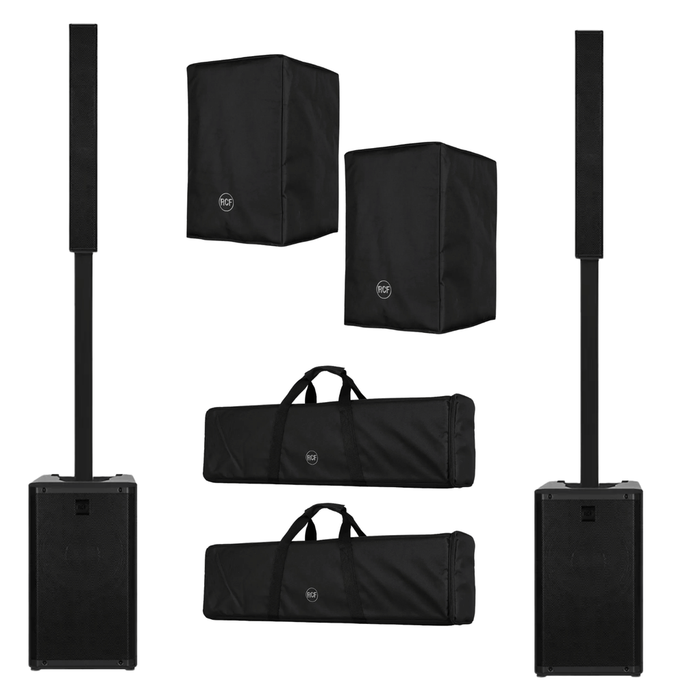 Two RCF EVOX J9 portable 3-way column PA systems with bags