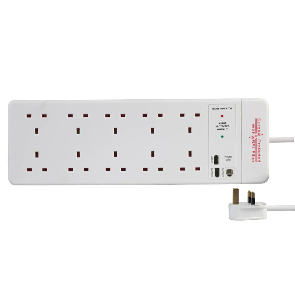 Pro Elec 10 Gang Surge Protected Extension Lead, 2m White