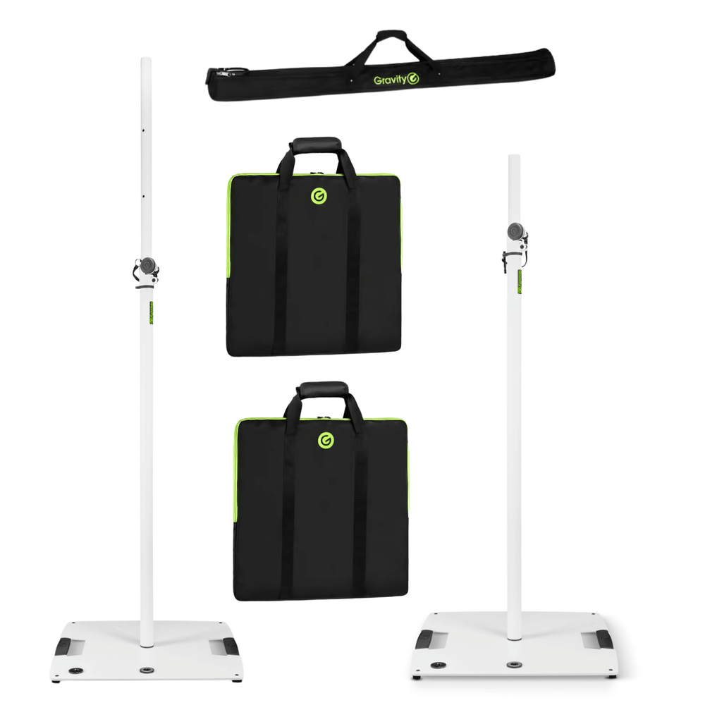 Two Gravity LS 431 W white square base speaker lighting stands with carry bags