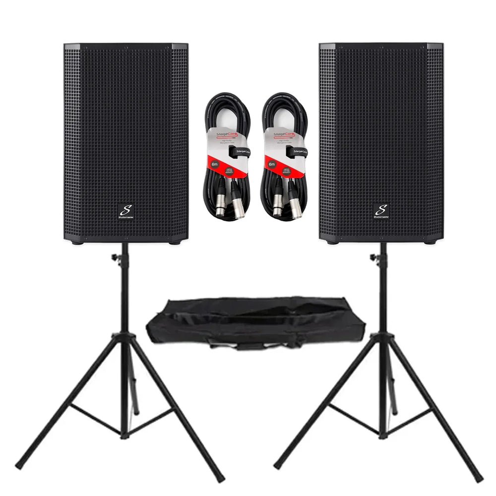 2 x Studiomaster Vortex 15A 15" 1400w Active Speaker With Speaker Stands