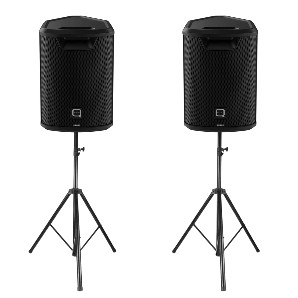     Pair of Q-Audio Free Stage 6 battery powered speakers with speaker stands