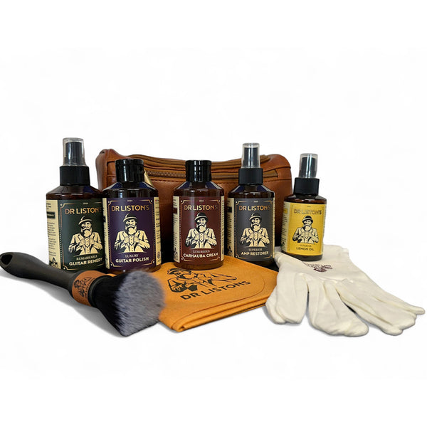 Dr Liston’s Ultimate Guitar Cleaning Kit with guitar polish, conditioning cream and fretboard oil bottles.