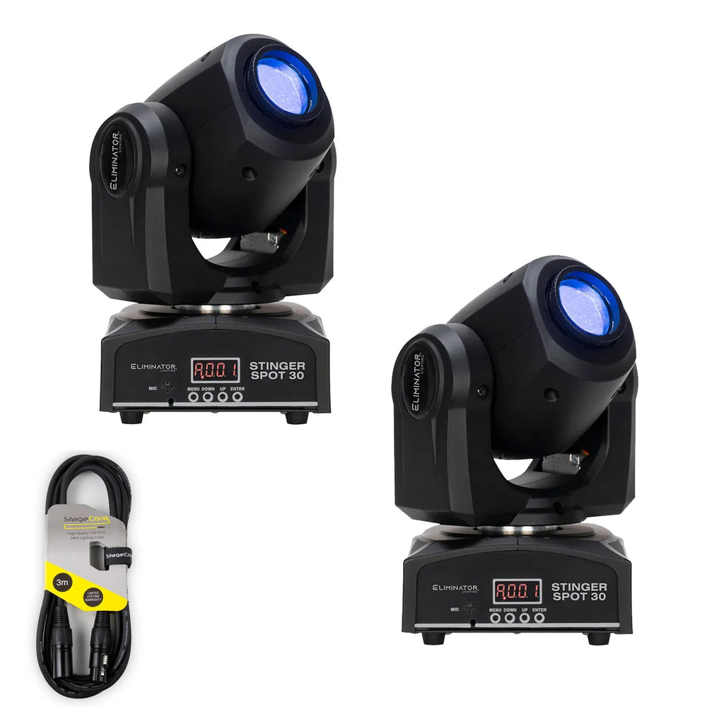 2 x Eliminator Lighting Stinger Spot 30 Moving Head With DMX Cable