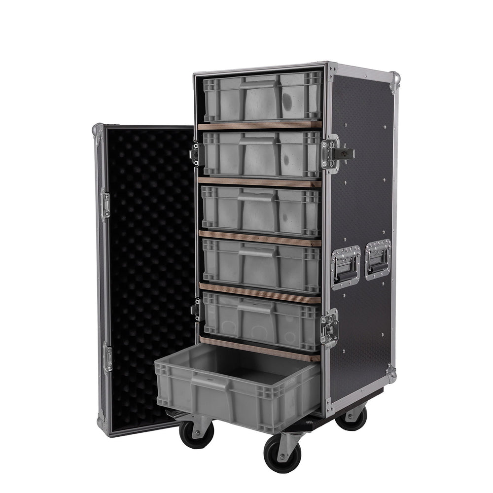 Elumen8 6 Drawer Storage Flight Case with six plastic drawers and four castors