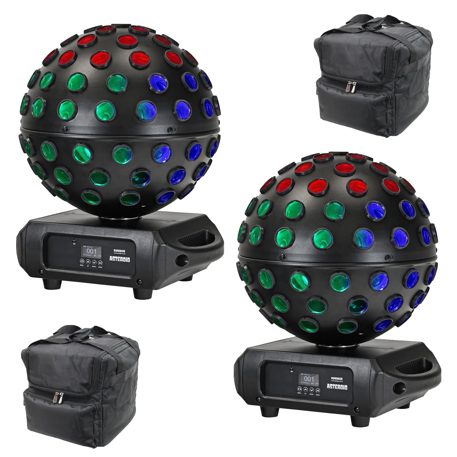 2 x Equinox Asteroid 5 x 40w RGBW LED Mirror Ball Effect Light with Carry Bags