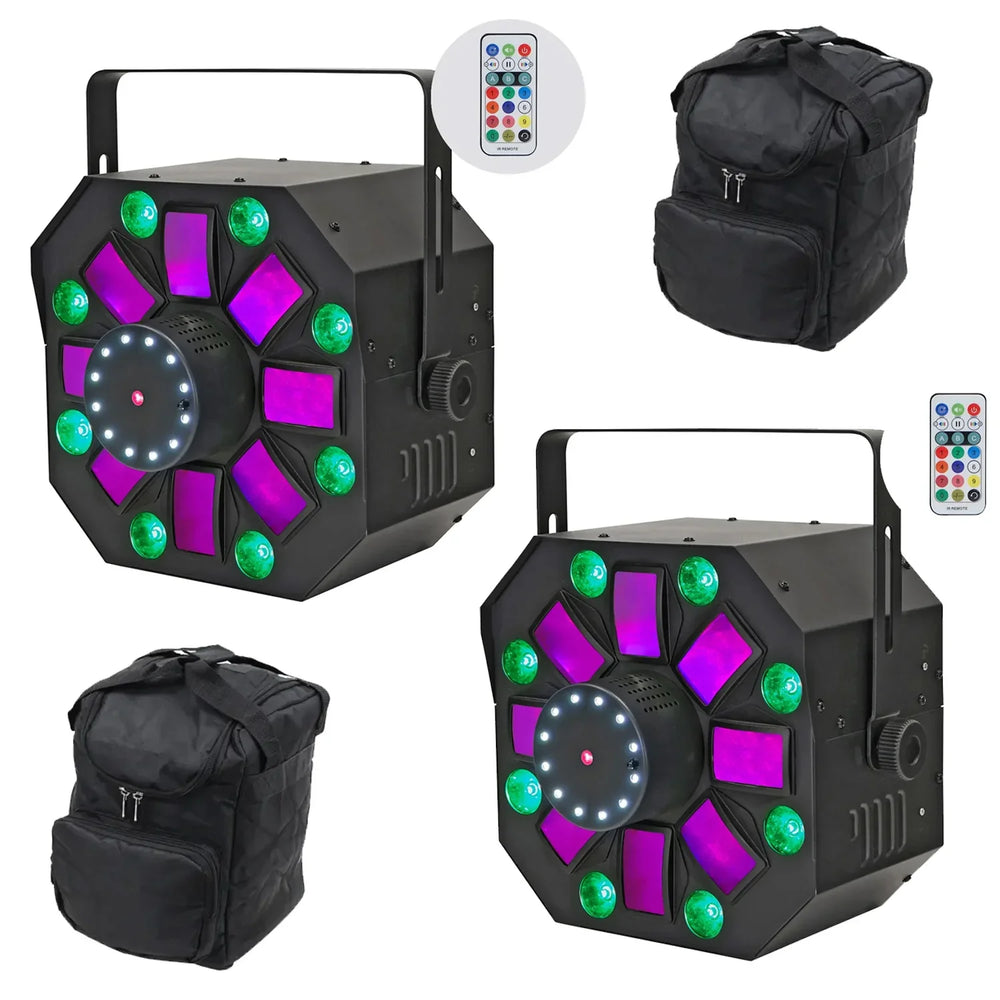 2 x Equinox Hornet 4 - in - 1 LED Effect Light with Remote Control and Carry Bags