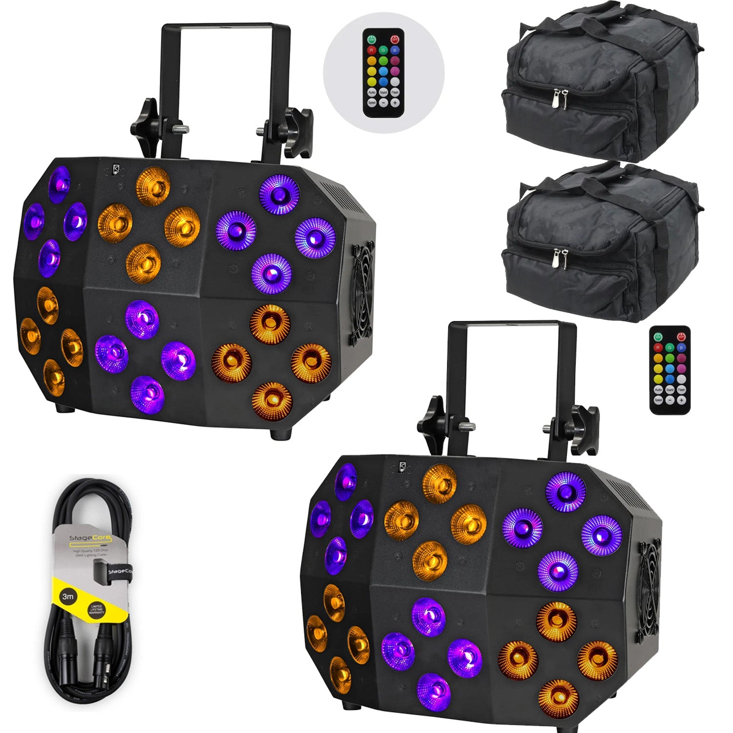 2 x Equinox Double Decker 24 x 10w RGBWAUV LED Wash Light With DMX Cable and Carry Bags