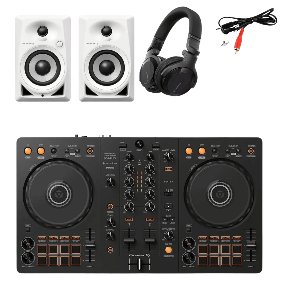 Pioneer DDJ-FLX4, DM-40 White, HDJ-CUE1 Headphones Bundle