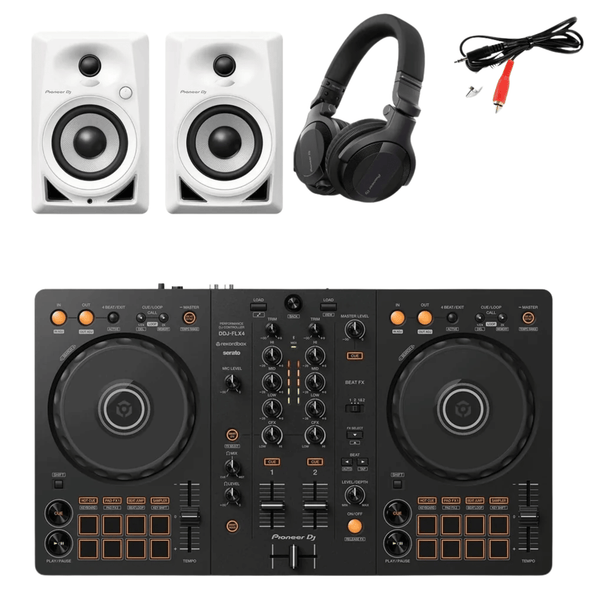 Pioneer DDJ-FLX4, DM-40 White, HDJ-CUE1 Headphones Bundle