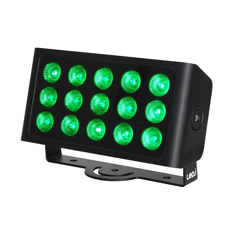 LEDJ Spectra Flood Q15HEX exterior fixture with OLED display and mounting brackets